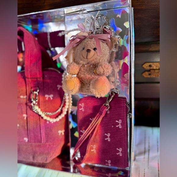 Madden Girl Mini Tote Set โ Bow Embroidery, Bear Charm & Pouch | Gift Ready - Picture 5 of 9